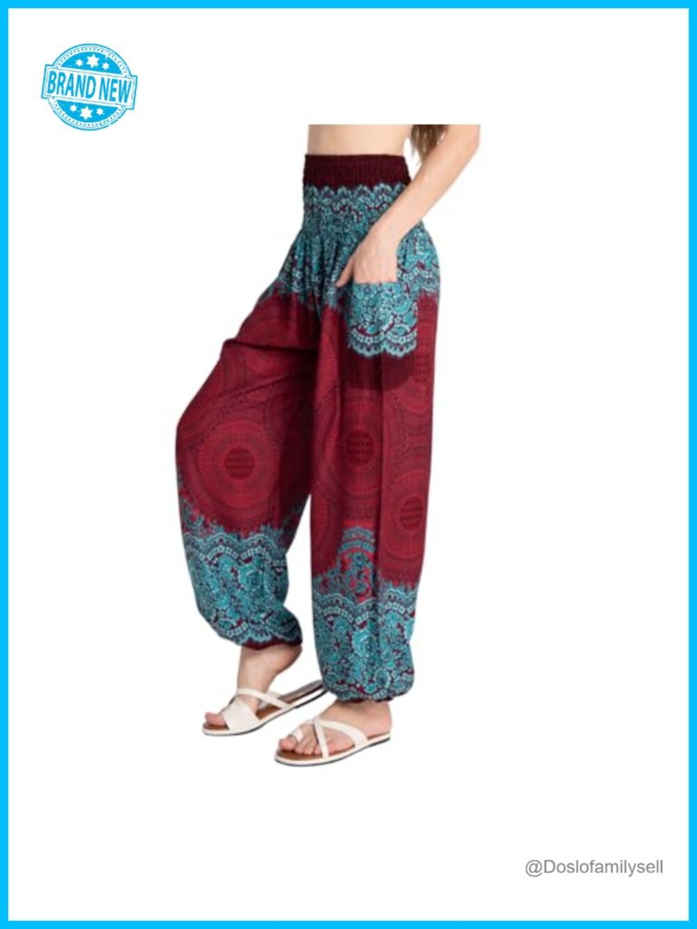 High-Waisted Boho Harem Yoga Pants with Pockets Smocked Waist